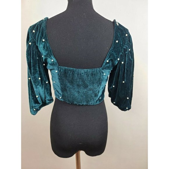 Urban Outfitters Dark Green Velvet Embellished Perla Crop Top Size Medium - Picture 6 of 9